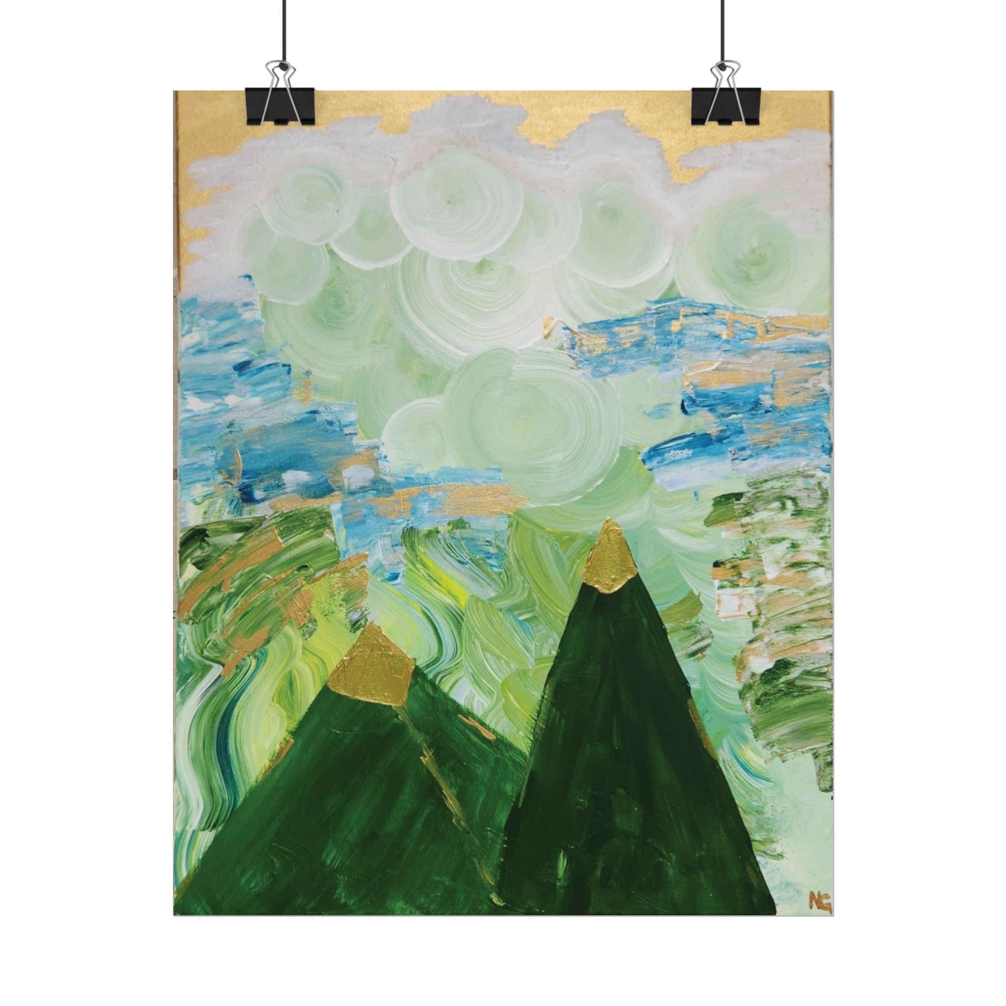 Abstract Mountain Landscape Rolled Poster — Green Peaks & Misty Sky Art Print