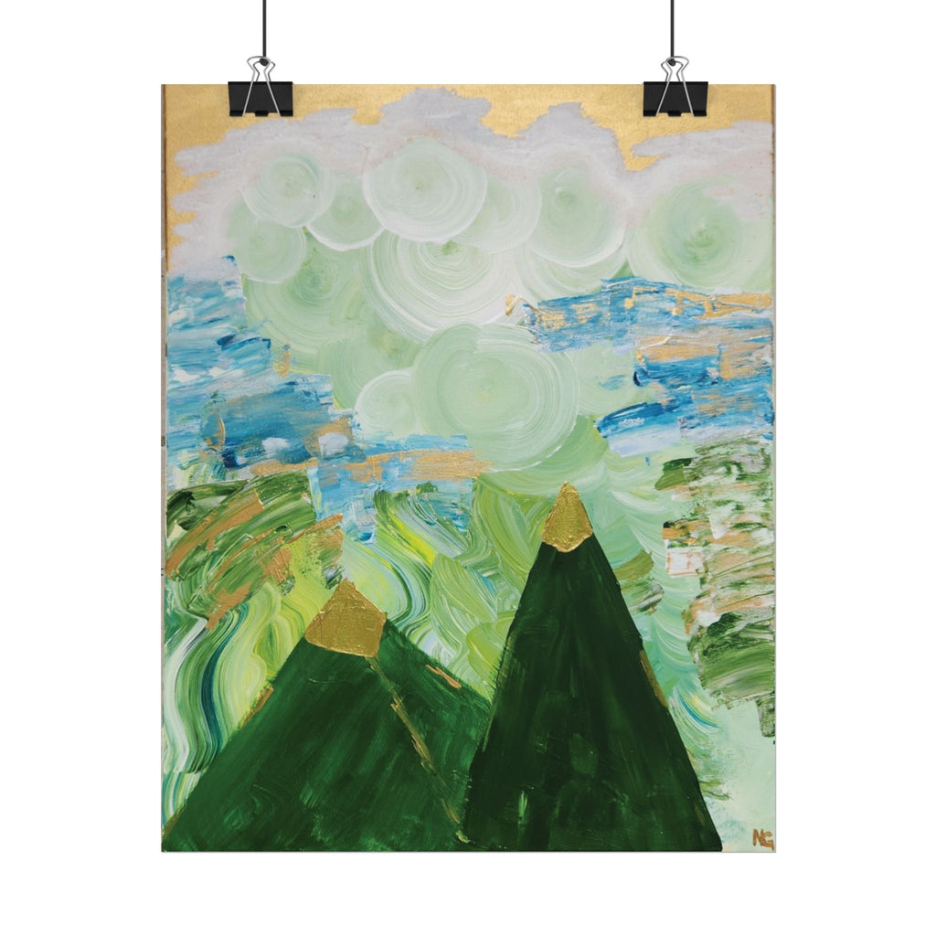 Abstract Mountain Landscape Rolled Poster — Green Peaks & Misty Sky Art Print