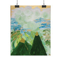 Abstract Mountain Landscape Rolled Poster — Green Peaks & Misty Sky Art Print