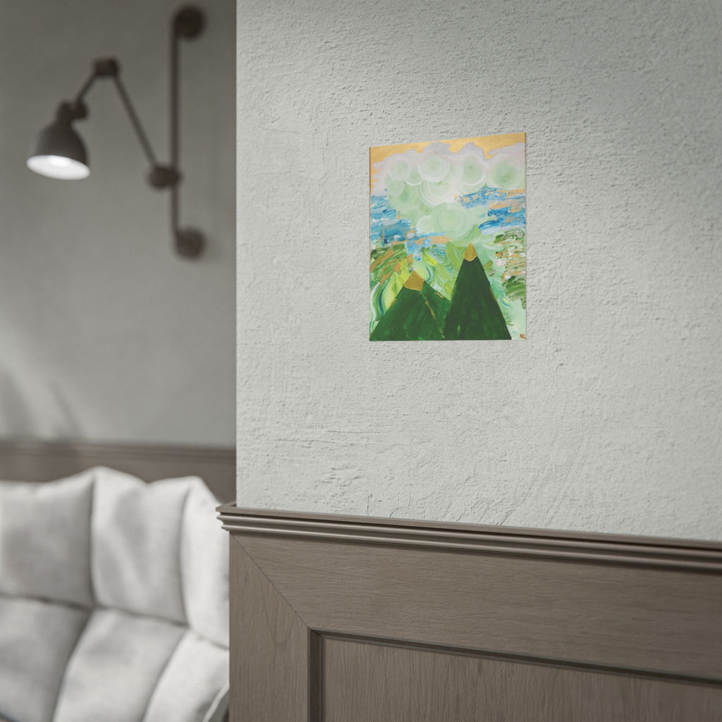 Abstract Mountain Landscape Rolled Poster — Green Peaks & Misty Sky Art Print