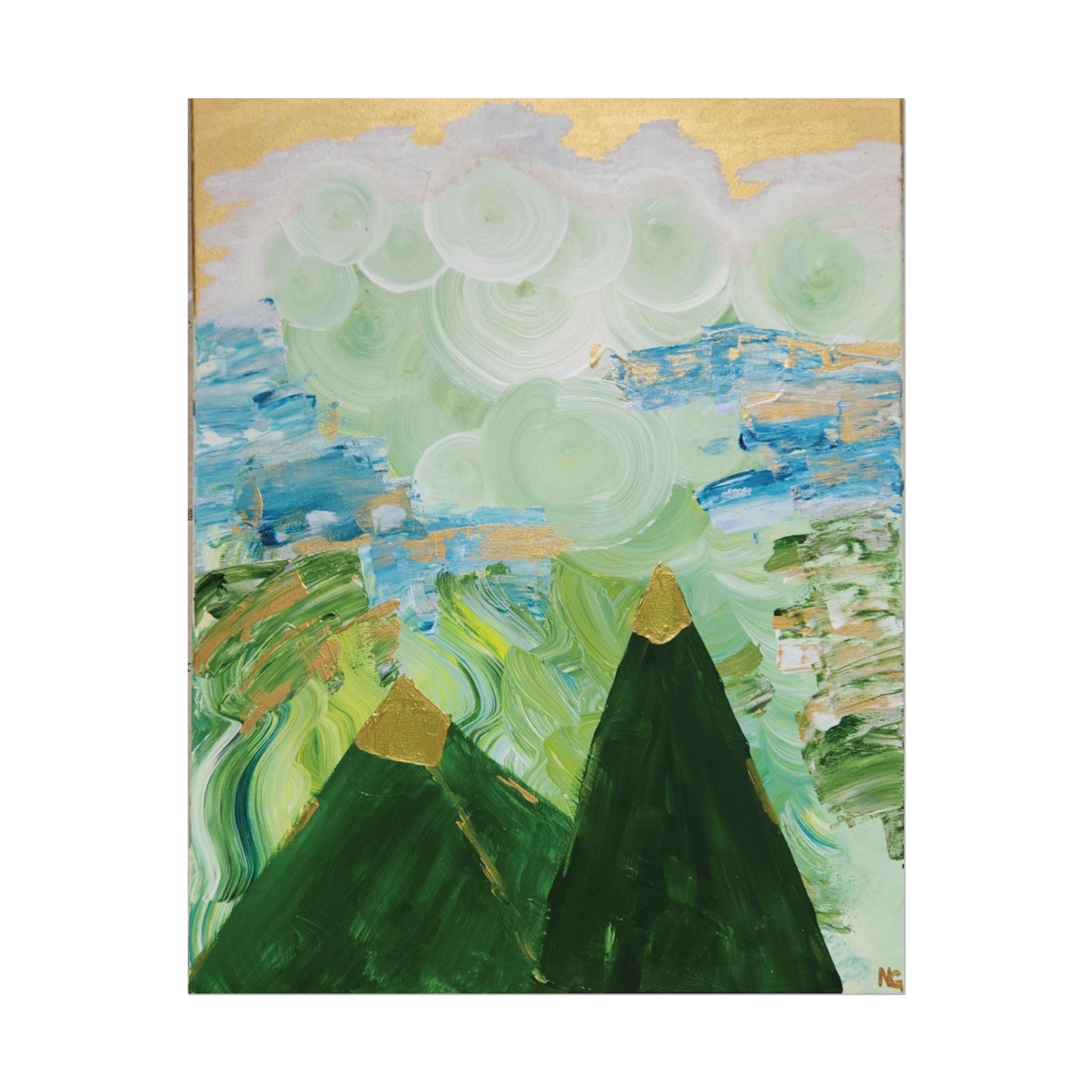 Abstract Mountain Landscape Rolled Poster — Green Peaks & Misty Sky Art Print
