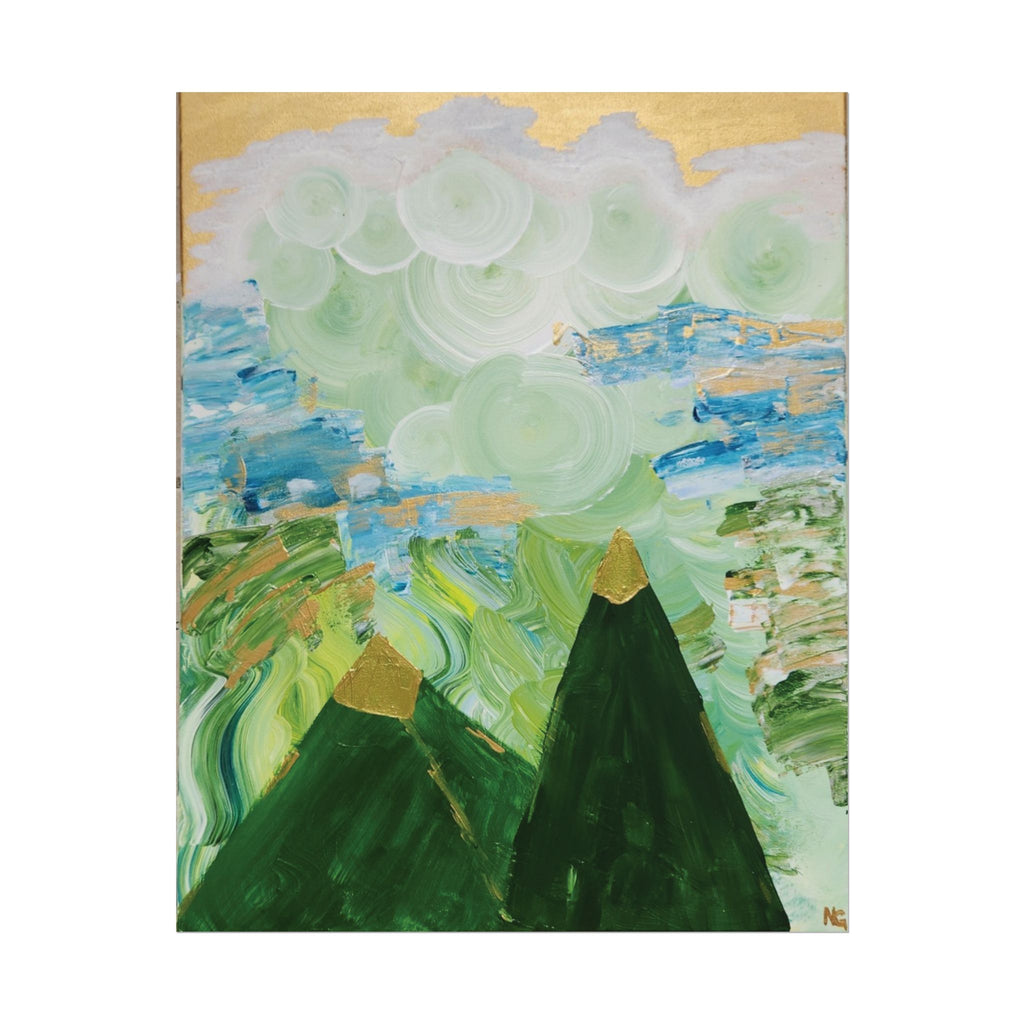 Abstract Mountain Landscape Rolled Poster — Green Peaks & Misty Sky Art Print