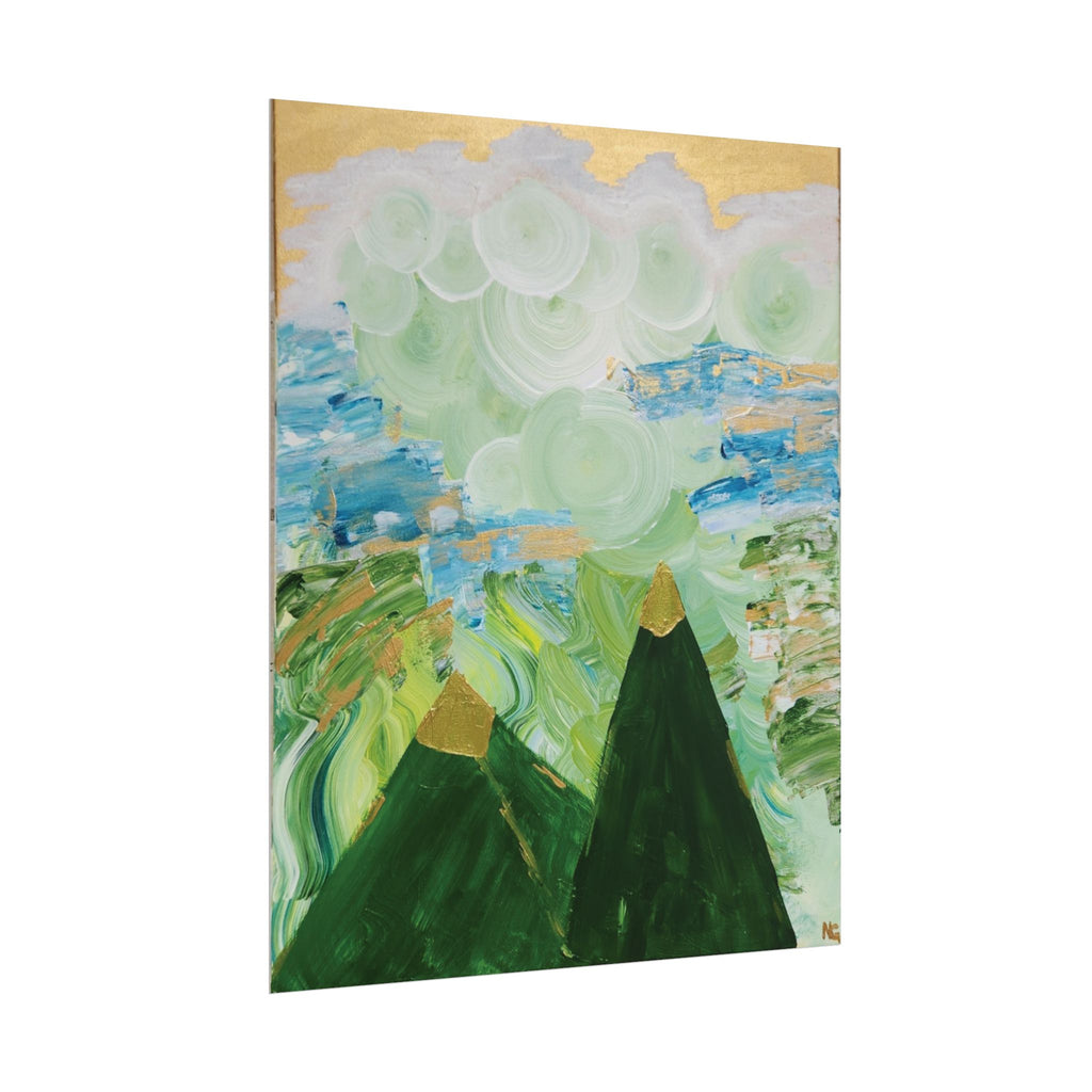 Abstract Mountain Landscape Rolled Poster — Green Peaks & Misty Sky Art Print